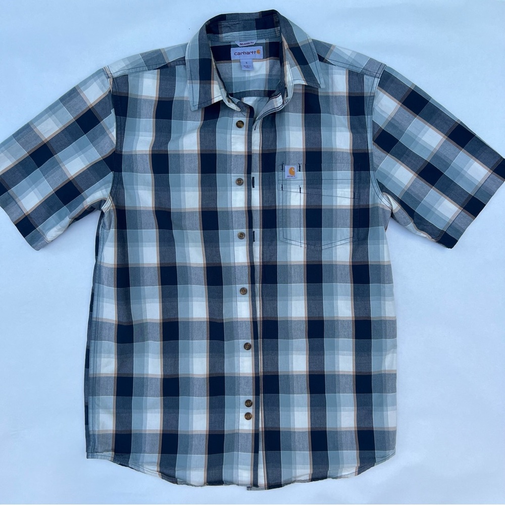 Mens Carhartt plaid button up down relaxed fit shirt sleeve shirt size small